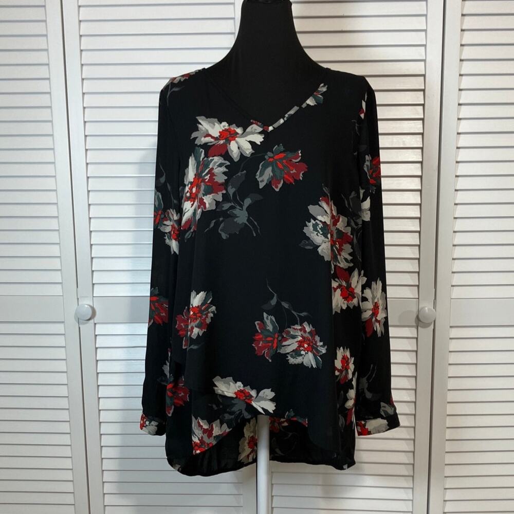 Chelsea & Theodore Boho Black Floral Long Sleeve Tunic Blouse Women M